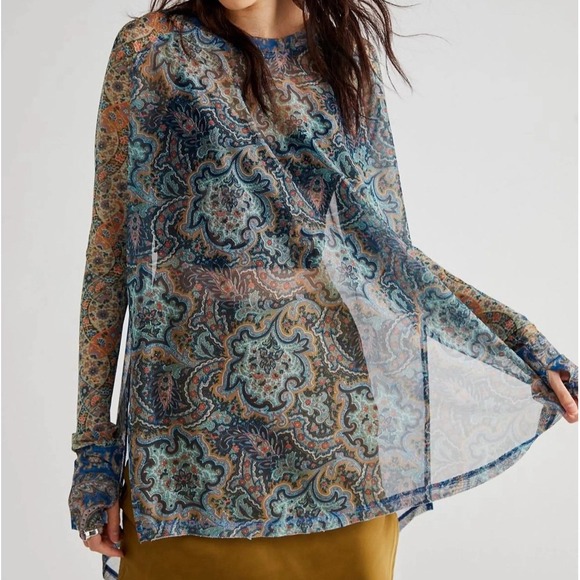 Free People Tops - Free People Blue Green Arianna Paisley Print Mesh Tunic Top